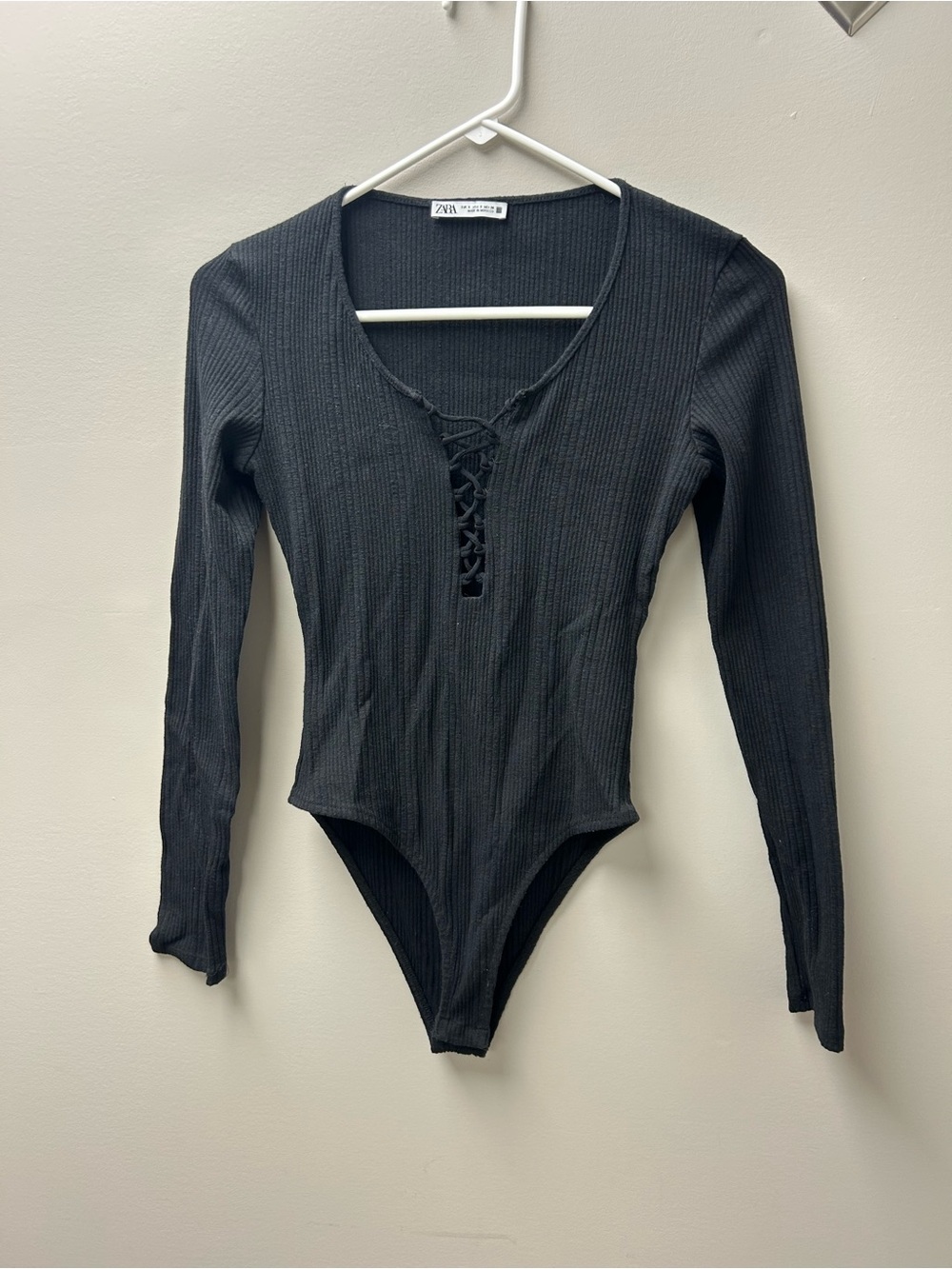 Zara Women’s Ribbed V Neck Lace Up Long Sleeve Bodysuit